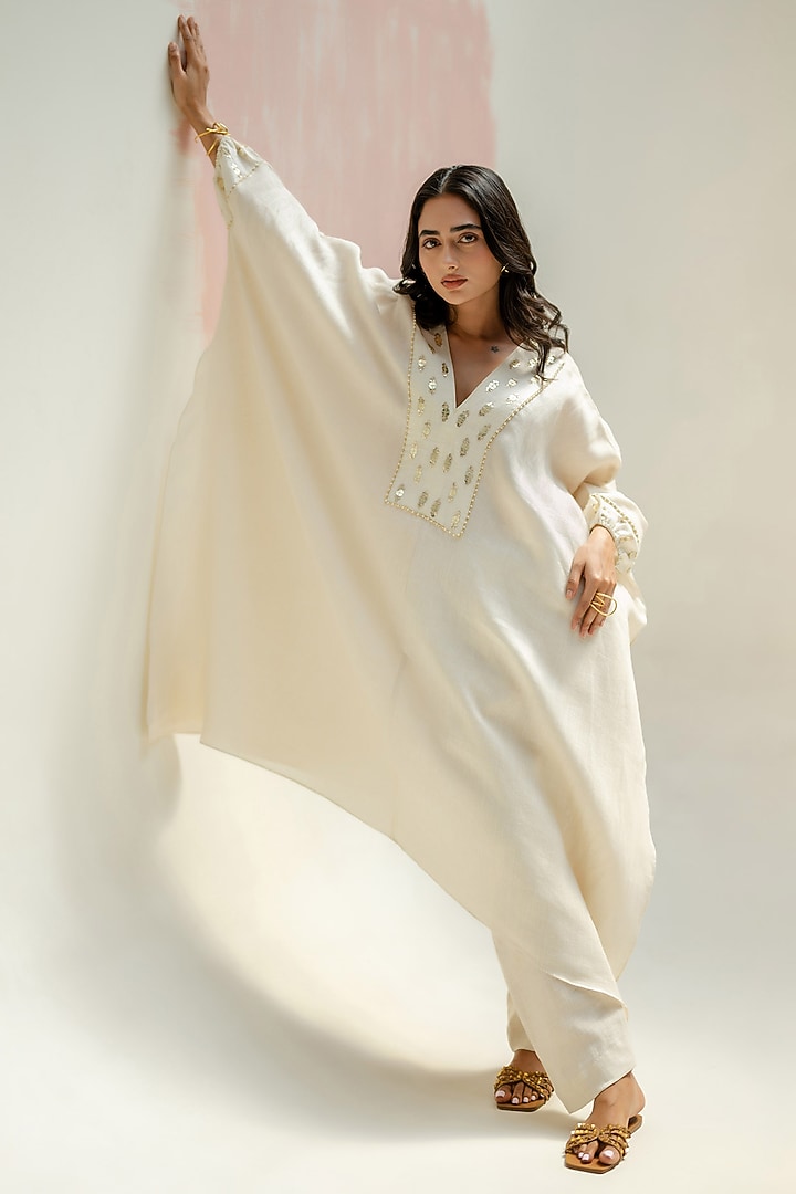White Pure Linen Hand Embroidered Kaftan Set by Prahnaaya at Pernia's Pop Up Shop