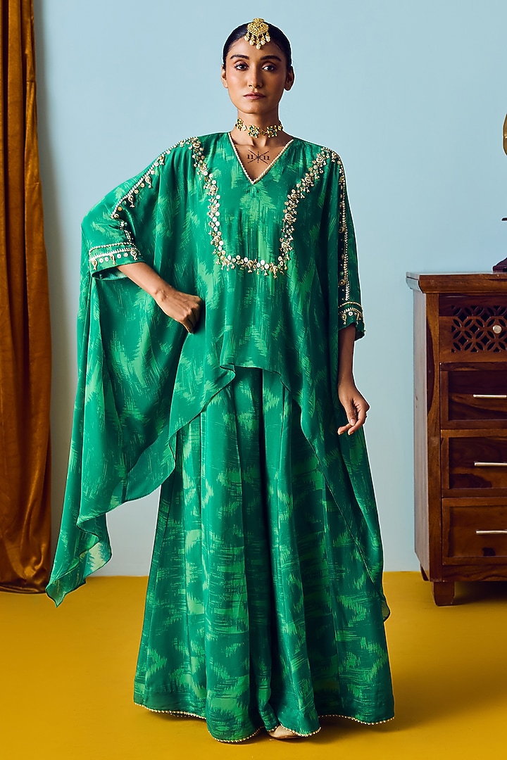 Sea Green Natural Crepe Silk Embroidered & Printed Tunic Set by Prahnaaya at Pernia's Pop Up Shop