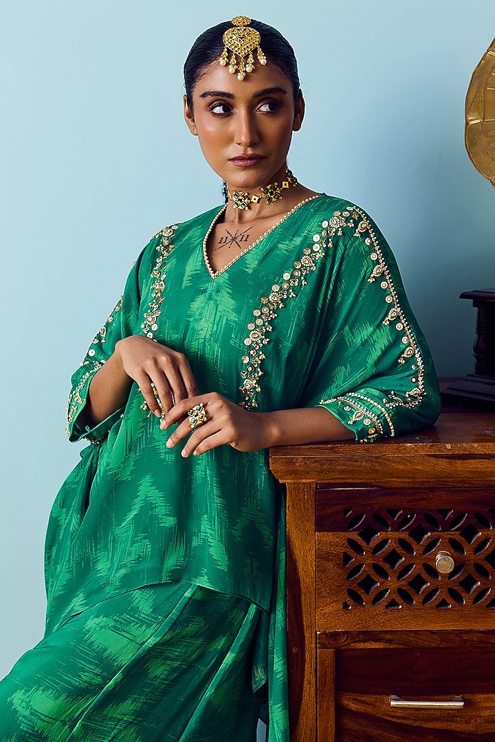 Sea Green Natural Crepe Silk Embroidered & Printed Tunic Set by Prahnaaya at Pernia's Pop Up Shop