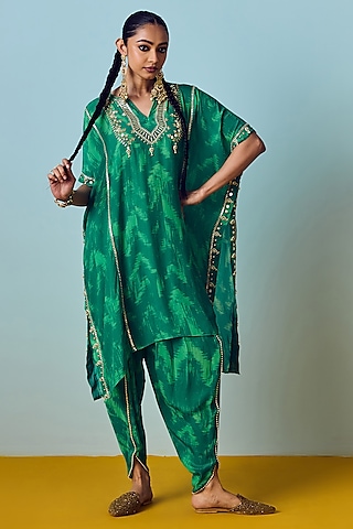 Sea Green Natural Crepe Silk Embroidered & Printed Kaftan Set by Prahnaaya