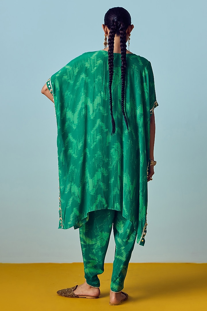 Sea Green Natural Crepe Silk Embroidered & Printed Kaftan Set by Prahnaaya at Pernia's Pop Up Shop