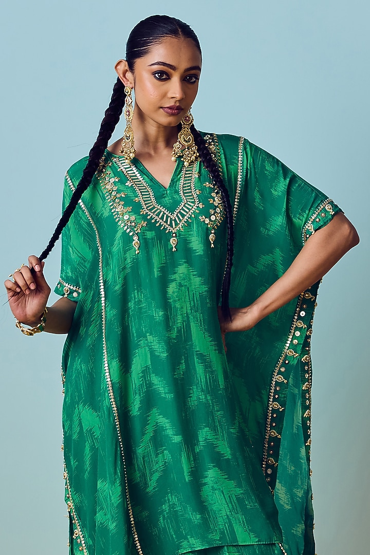 Sea Green Natural Crepe Silk Embroidered & Printed Kaftan Set by Prahnaaya at Pernia's Pop Up Shop