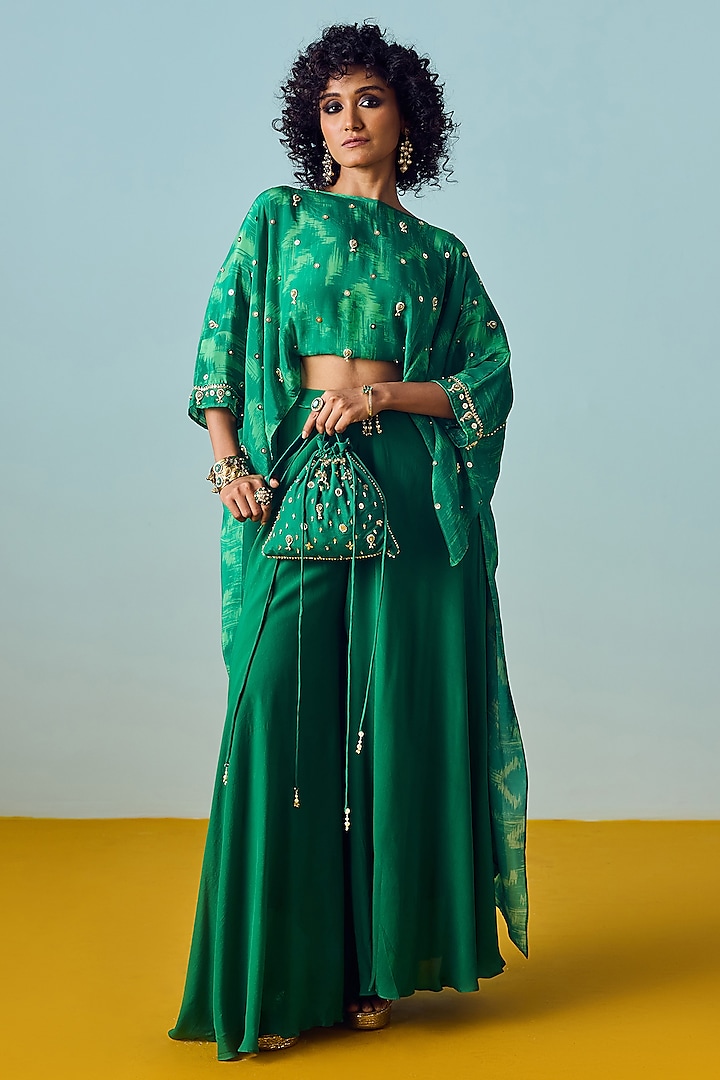 Sea Green Natural Crepe Silk Embroidered & Printed Co-Ord Set by Prahnaaya at Pernia's Pop Up Shop