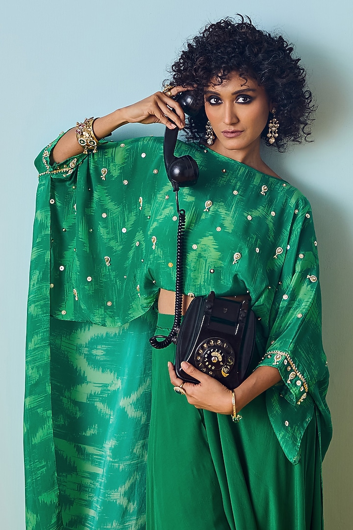 Sea Green Natural Crepe Silk Embroidered & Printed Co-Ord Set by Prahnaaya at Pernia's Pop Up Shop