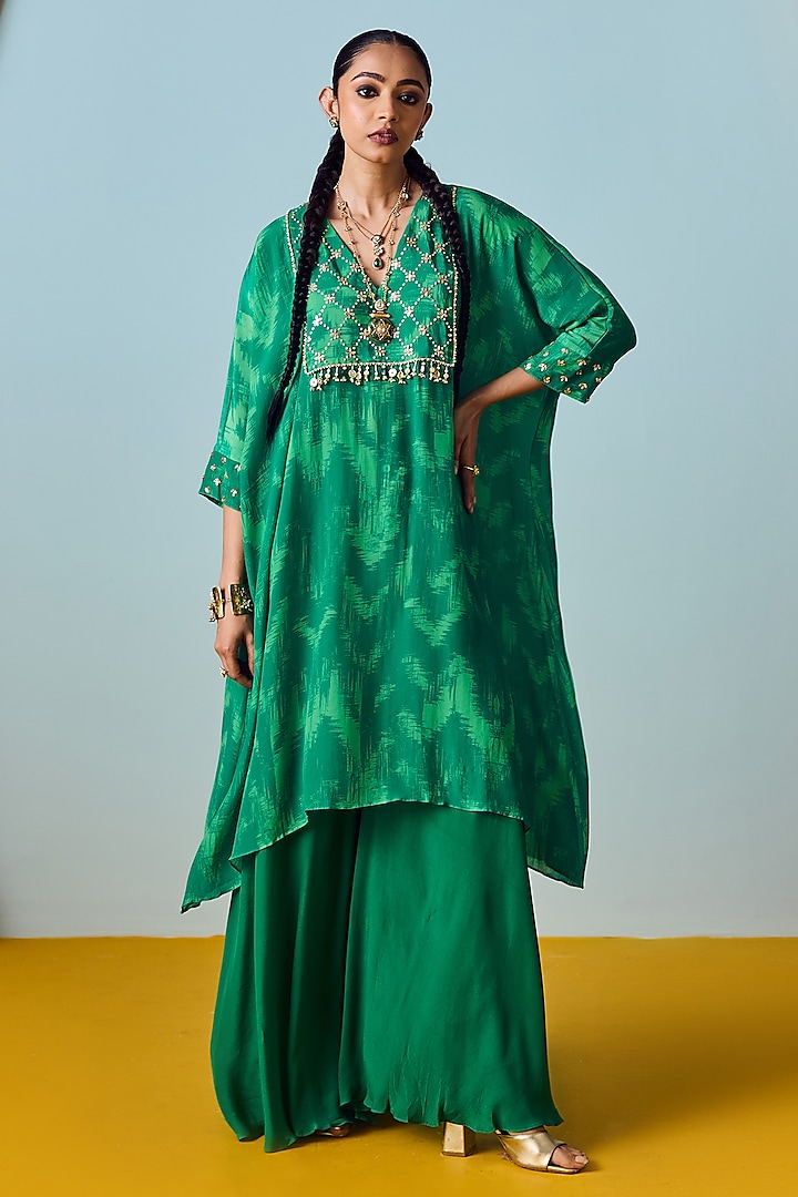 Sea Green Natural Crepe Silk Embroidered & Printed Kaftan Set by Prahnaaya at Pernia's Pop Up Shop