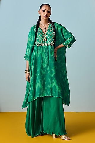Sea Green Natural Crepe Silk Embroidered & Printed Kaftan Set by Prahnaaya