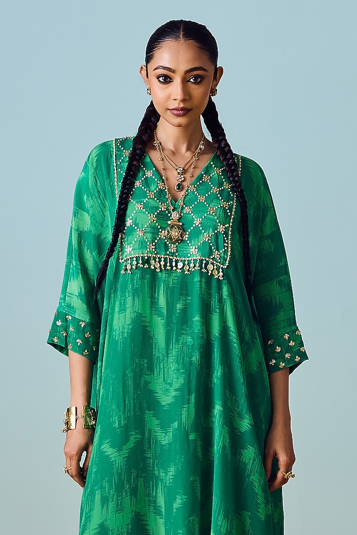 Sea Green Natural Crepe Silk Embroidered & Printed Kaftan Set by Prahnaaya at Pernia's Pop Up Shop