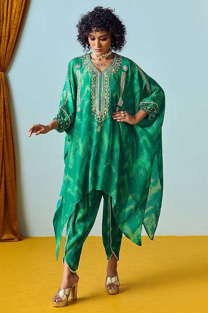 Sea Green Natural Crepe Silk Embroidered & Printed Co-Ord Set by Prahnaaya at Pernia's Pop Up Shop