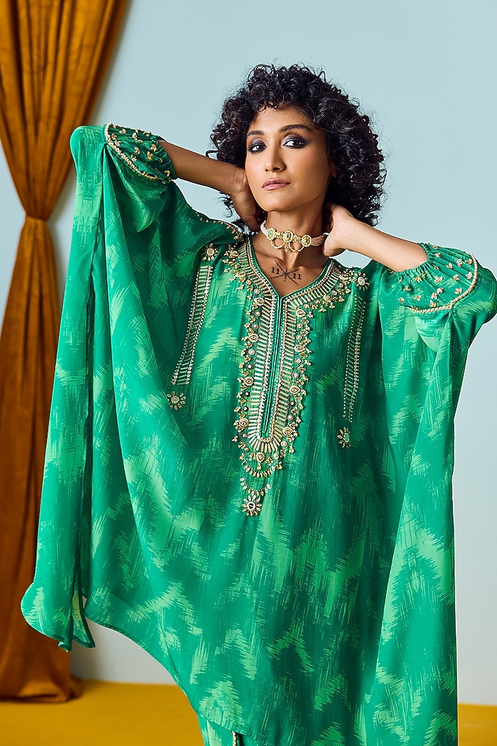 Sea Green Natural Crepe Silk Embroidered & Printed Co-Ord Set by Prahnaaya at Pernia's Pop Up Shop