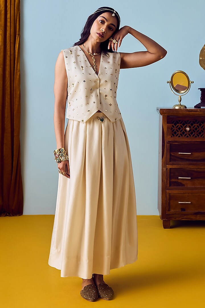 Pearl White Satin Silk Box Pleated Skirt Set by Prahnaaya at Pernia's Pop Up Shop