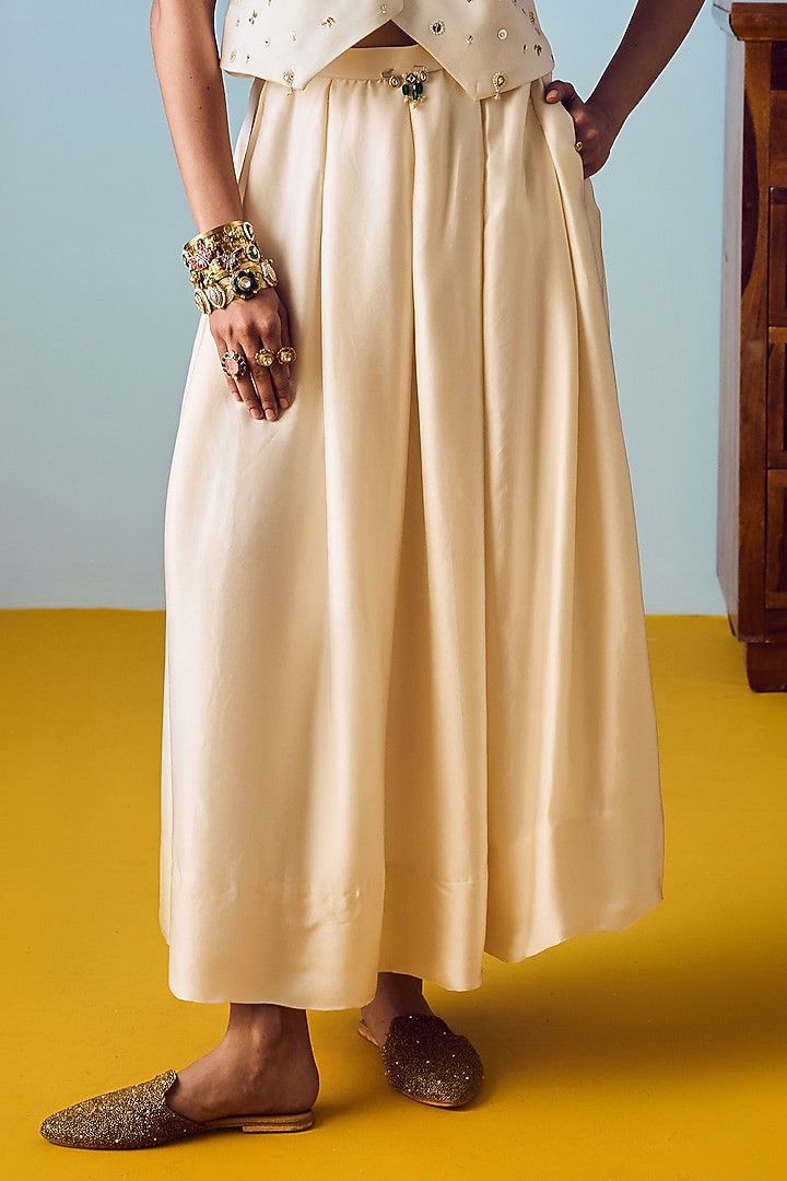 Pearl White Satin Silk Box Pleated Skirt Set by Prahnaaya at Pernia's Pop Up Shop