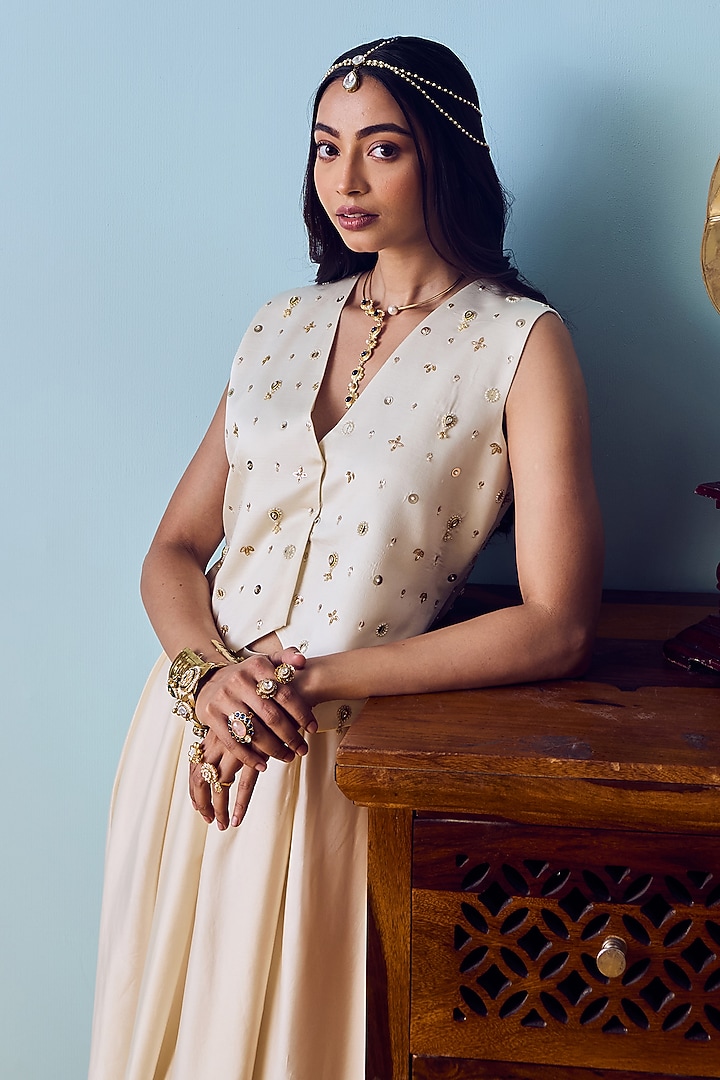 Pearl White Satin Silk Box Pleated Skirt Set by Prahnaaya at Pernia's Pop Up Shop
