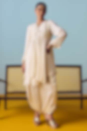 Pearl White Satin Silk Dhoti Skirt Set by Prahnaaya at Pernia's Pop Up Shop