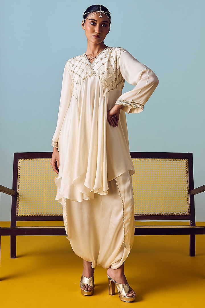 Pearl White Satin Silk Dhoti Skirt Set by Prahnaaya at Pernia's Pop Up Shop