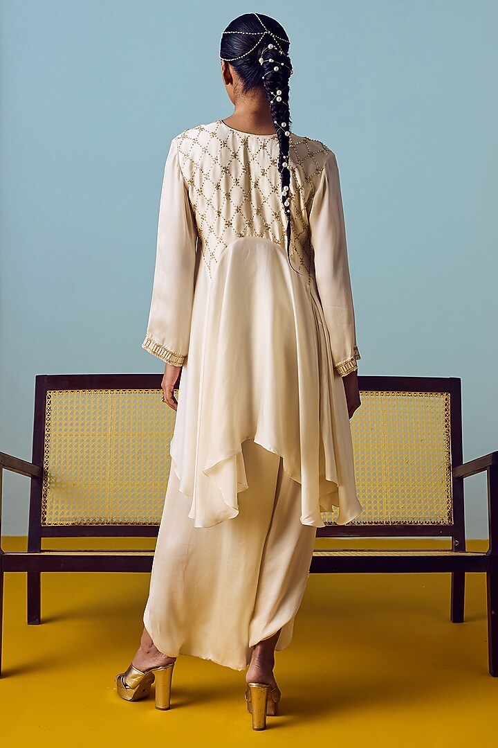 Pearl White Satin Silk Dhoti Skirt Set by Prahnaaya at Pernia's Pop Up Shop