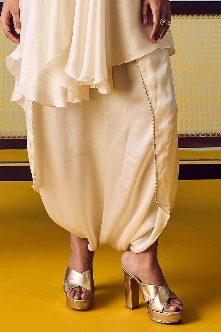 Pearl White Satin Silk Dhoti Skirt Set by Prahnaaya at Pernia's Pop Up Shop