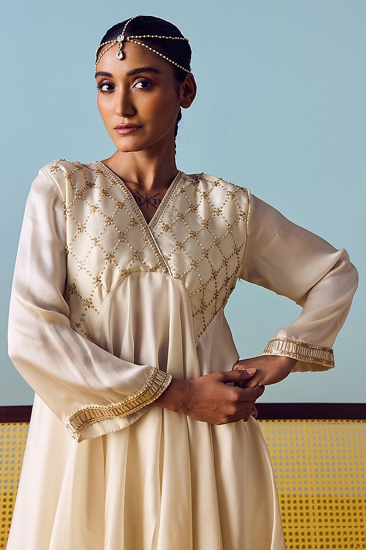 Pearl White Satin Silk Dhoti Skirt Set by Prahnaaya at Pernia's Pop Up Shop