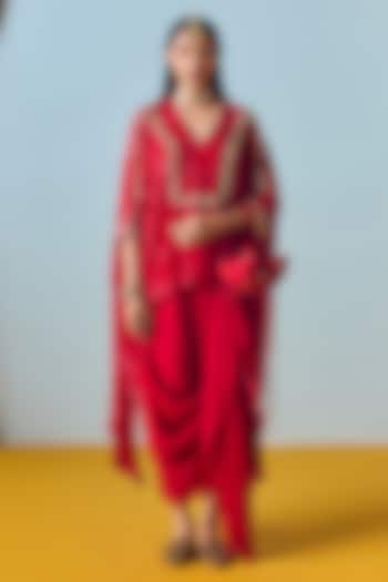 Red Natural Crepe Silk Embroidered & Printed Tunic Set by Prahnaaya at Pernia's Pop Up Shop