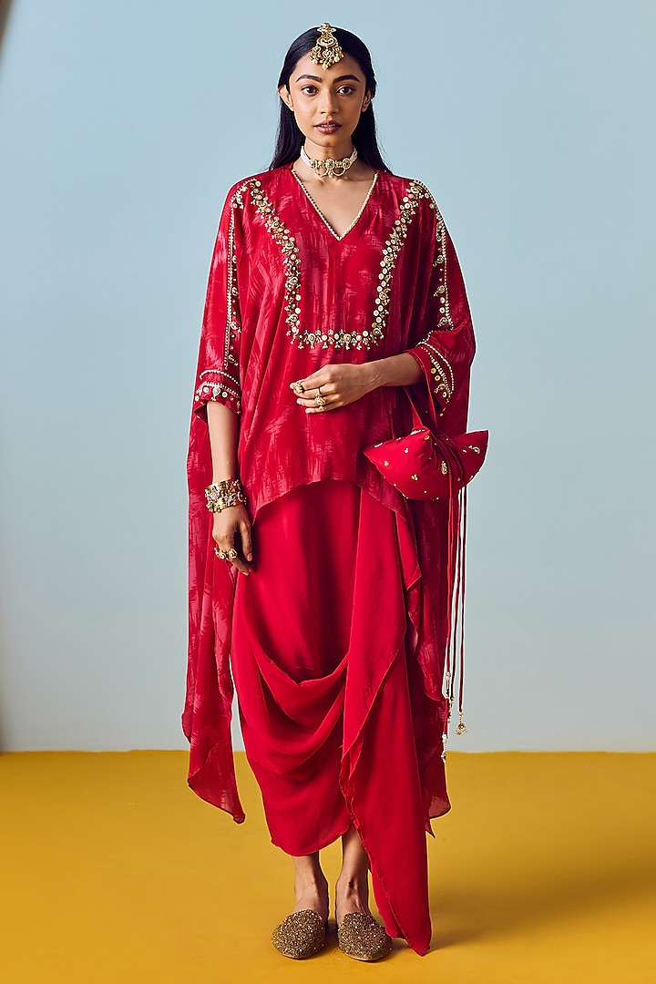 Red Natural Crepe Silk Embroidered & Printed Tunic Set by Prahnaaya at Pernia's Pop Up Shop