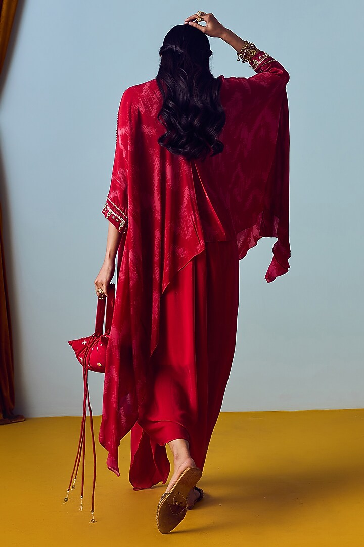 Red Natural Crepe Silk Embroidered & Printed Tunic Set by Prahnaaya at Pernia's Pop Up Shop