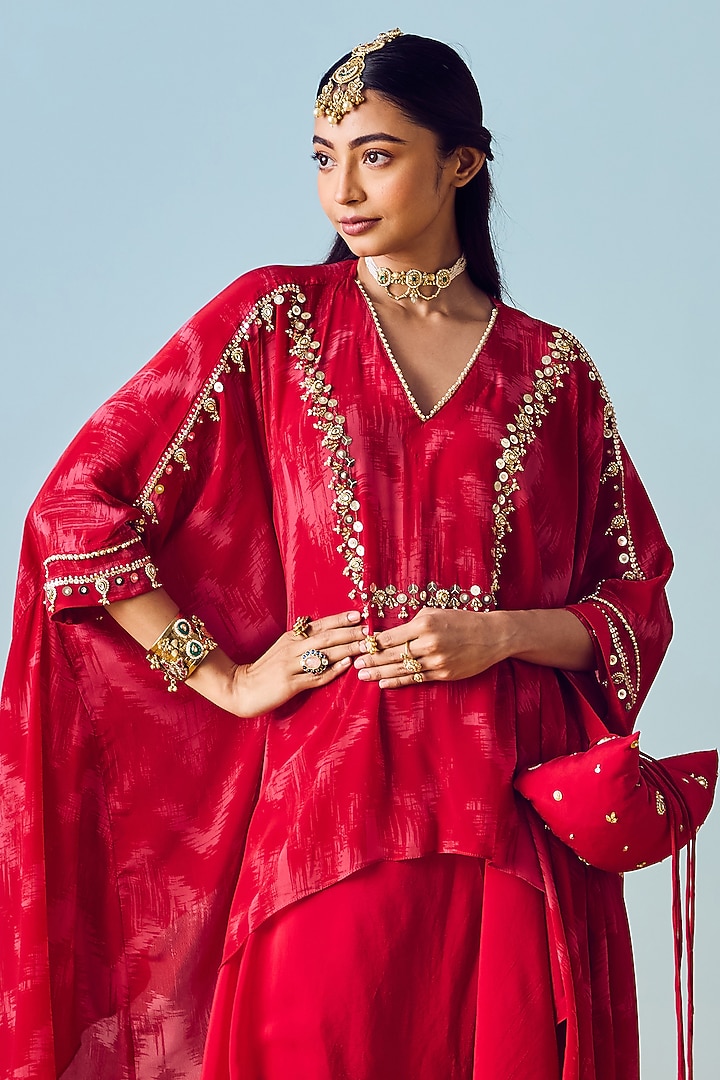 Red Natural Crepe Silk Embroidered & Printed Tunic Set by Prahnaaya at Pernia's Pop Up Shop