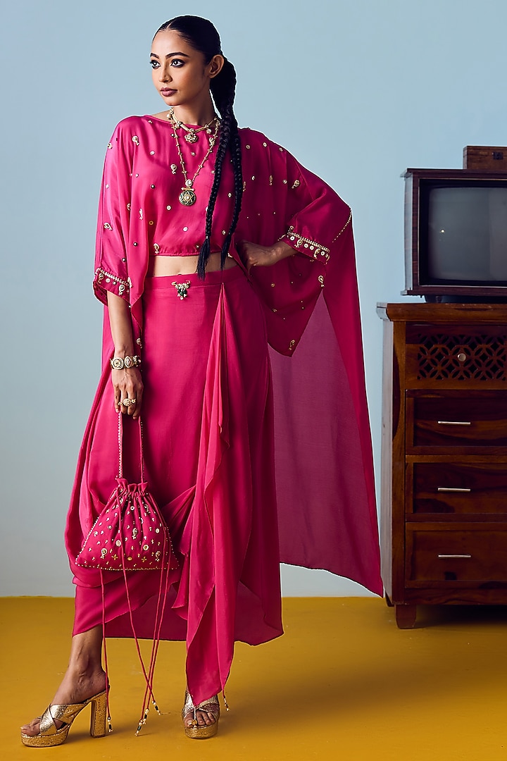Pink Crepe Silk Embroidered Co-Ord Set by Prahnaaya at Pernia's Pop Up Shop