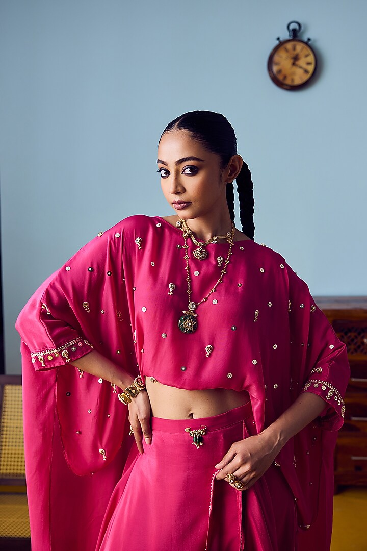 Pink Crepe Silk Embroidered Co-Ord Set by Prahnaaya at Pernia's Pop Up Shop