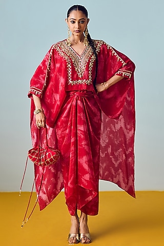 Red Natural Crepe Silk Wrap Skirt Set by Prahnaaya