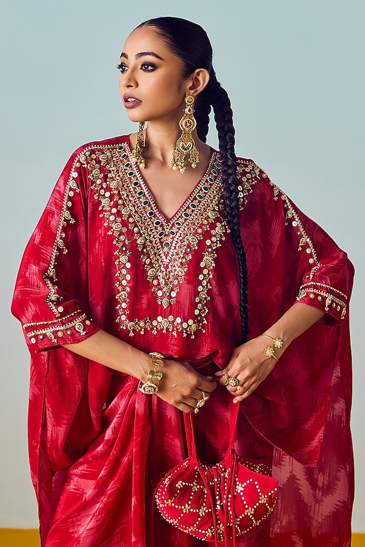 Red Natural Crepe Silk Wrap Skirt Set by Prahnaaya at Pernia's Pop Up Shop