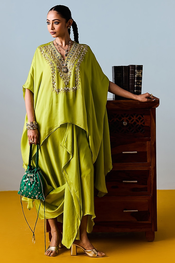 Neon Satin Silk Draped Skirt Set by Prahnaaya at Pernia's Pop Up Shop