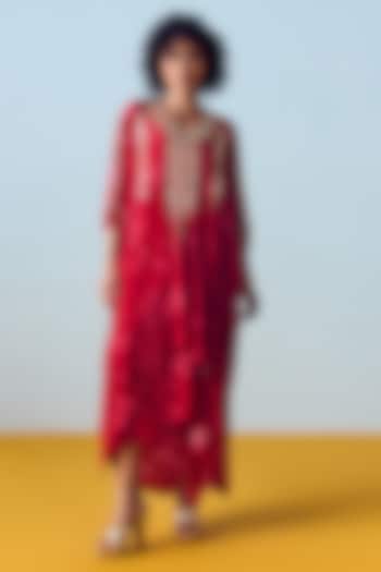 Red Natural Crepe Silk Printed Draped Skirt Set by Prahnaaya at Pernia's Pop Up Shop