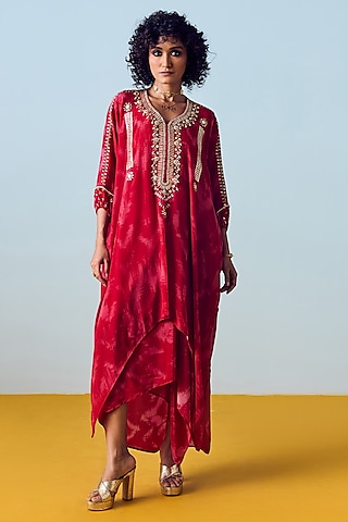 Red Natural Crepe Silk Printed Draped Skirt Set by Prahnaaya