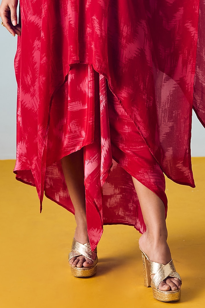 Red Natural Crepe Silk Printed Draped Skirt Set by Prahnaaya at Pernia's Pop Up Shop