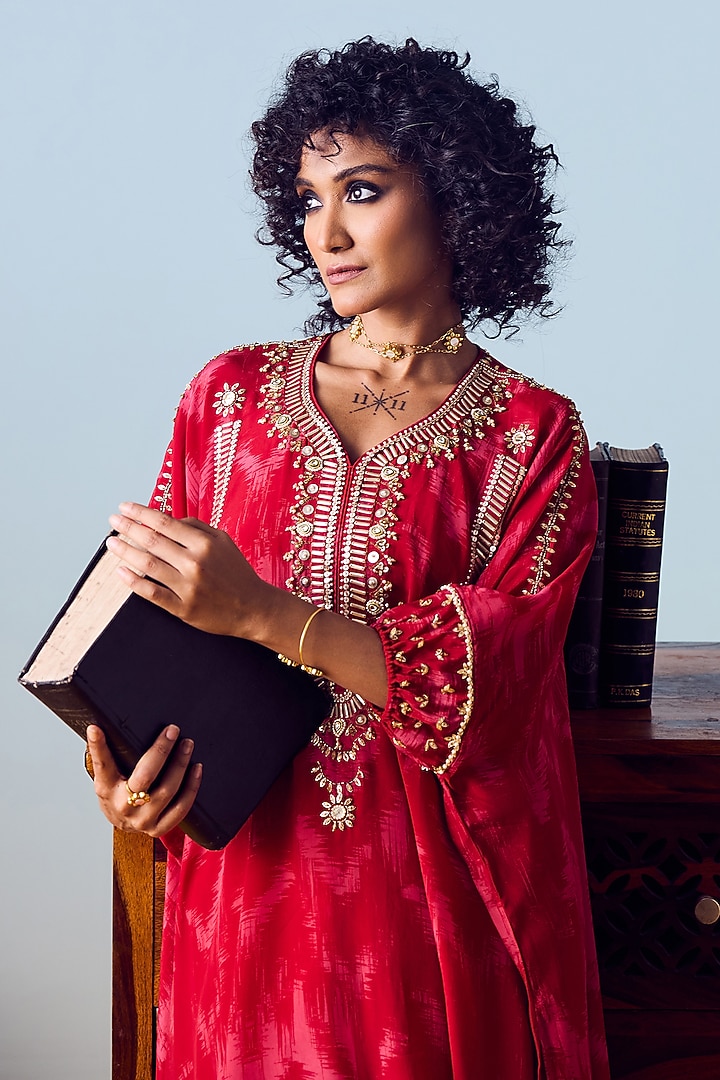 Red Natural Crepe Silk Printed Draped Skirt Set by Prahnaaya at Pernia's Pop Up Shop