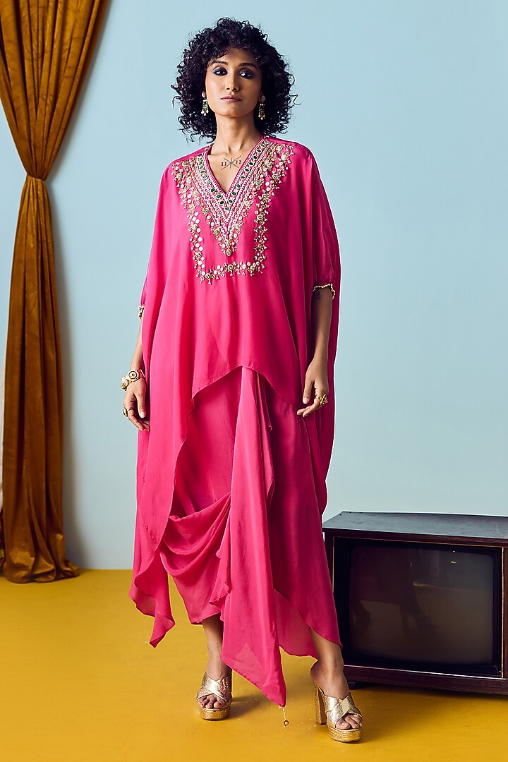 Pink Crepe Silk Draped Skirt Set by Prahnaaya at Pernia's Pop Up Shop