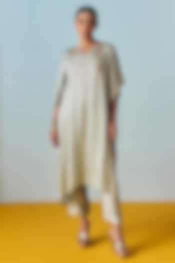 Sage Green Satin Silk Hand Embroidered Kaftan Set by Prahnaaya at Pernia's Pop Up Shop