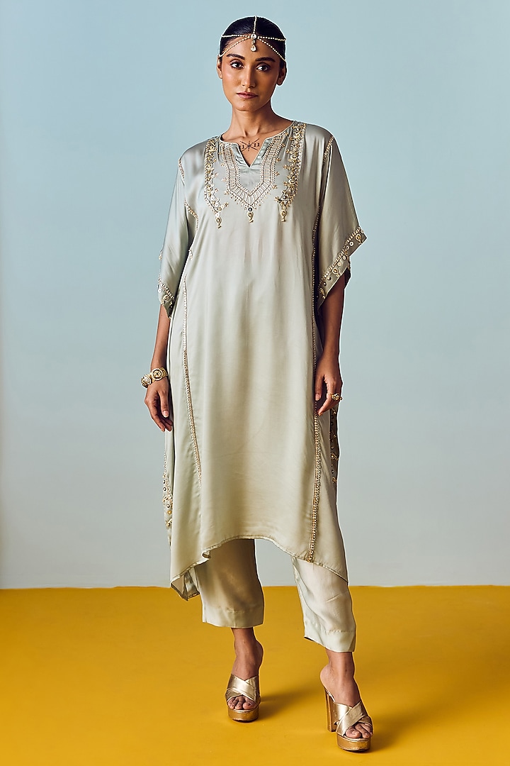 Sage Green Satin Silk Hand Embroidered Kaftan Set by Prahnaaya at Pernia's Pop Up Shop
