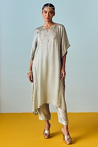 Sage Green Satin Silk Hand Embroidered Kaftan Set by Prahnaaya