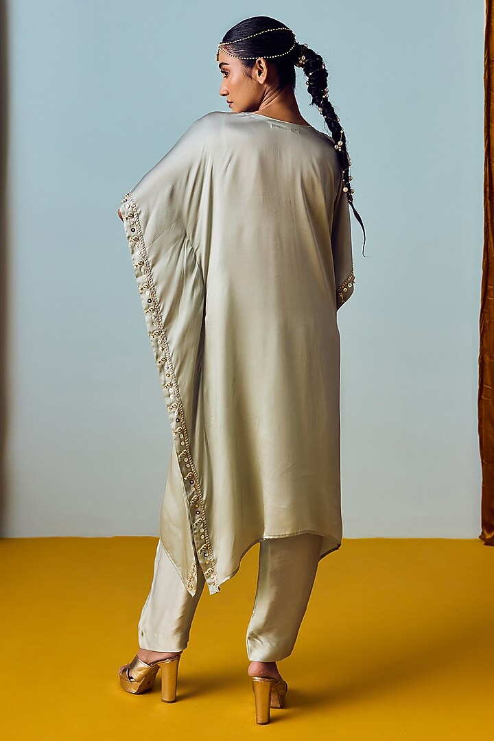 Sage Green Satin Silk Hand Embroidered Kaftan Set by Prahnaaya at Pernia's Pop Up Shop