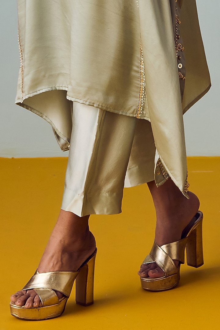 Sage Green Satin Silk Hand Embroidered Kaftan Set by Prahnaaya at Pernia's Pop Up Shop