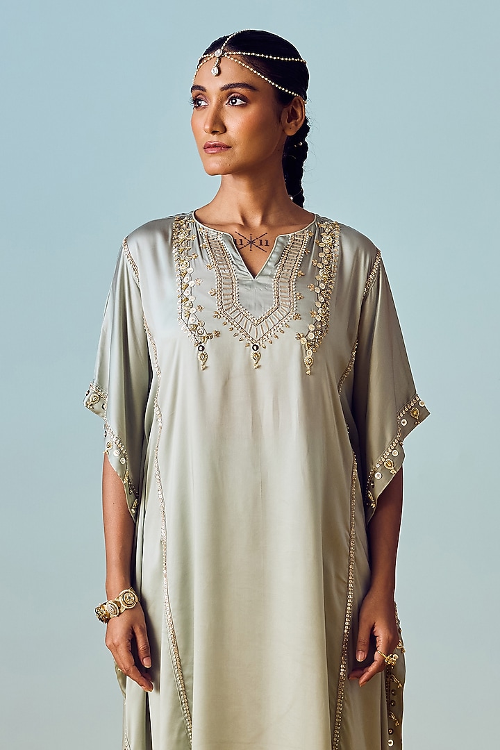 Sage Green Satin Silk Hand Embroidered Kaftan Set by Prahnaaya at Pernia's Pop Up Shop