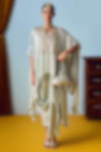Sage Green Satin Silk Hand Embroidered Tunic Set by Prahnaaya at Pernia's Pop Up Shop