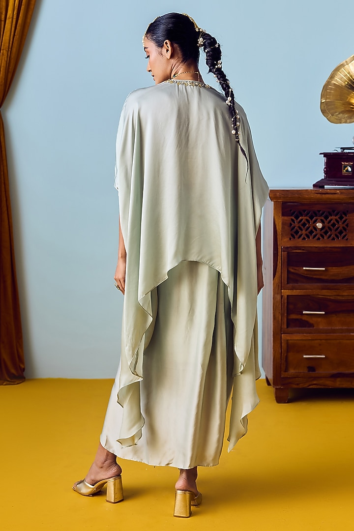 Sage Green Satin Silk Hand Embroidered Tunic Set by Prahnaaya at Pernia's Pop Up Shop
