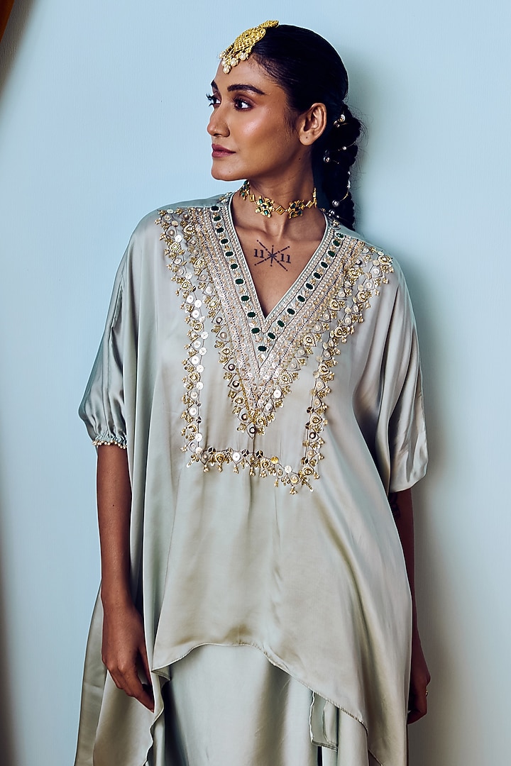 Sage Green Satin Silk Hand Embroidered Tunic Set by Prahnaaya at Pernia's Pop Up Shop