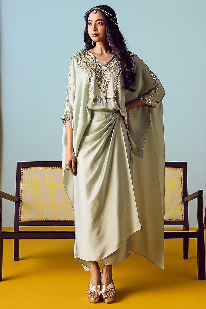 Sage Green Satin Silk Skirt Set by Prahnaaya at Pernia's Pop Up Shop