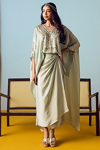 Sage Green Satin Silk Skirt Set by Prahnaaya