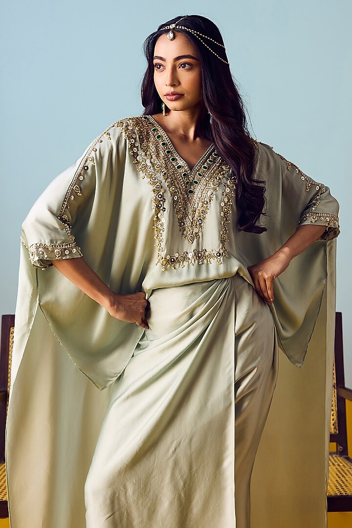 Sage Green Satin Silk Skirt Set by Prahnaaya at Pernia's Pop Up Shop