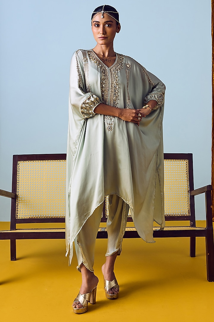 Sage Green Satin Silk Embroidered Co-Ord Set by Prahnaaya at Pernia's Pop Up Shop