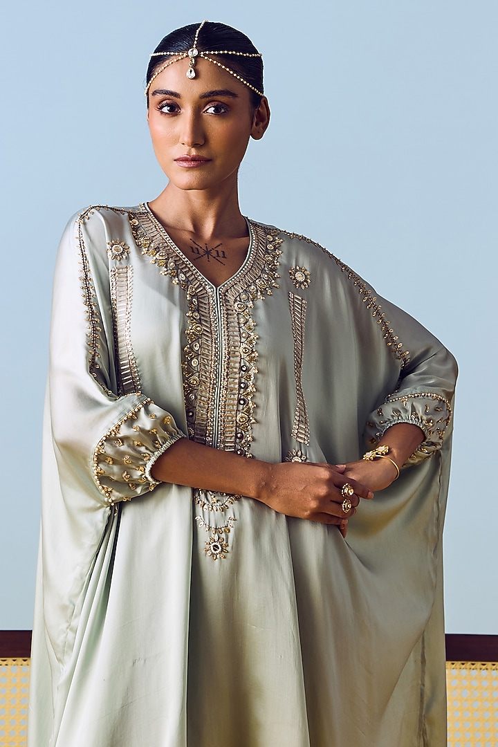Sage Green Satin Silk Embroidered Co-Ord Set by Prahnaaya at Pernia's Pop Up Shop