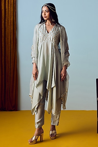 Sage Green Satin Silk Embroidered Kurta Set by Prahnaaya